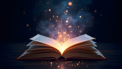 An open book with enchanting magic glow, on a dark wooden surface