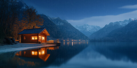 Fototapeta premium Serene evening by the lakeside cabin scenic mountain view landscape photography tranquil nature sunset reflection peaceful retreat