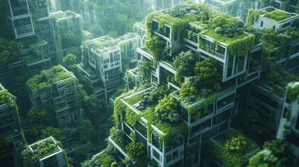 Obraz premium Overgrown futuristic city, nature reclaiming urban landscape, aerial view, environmental concept