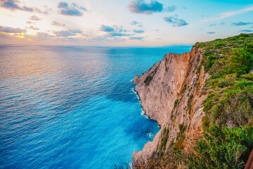Zakynthos, Greece. Navagio Beach with wrecked ship in Ionian Sea. Beautiful views of azure sea...