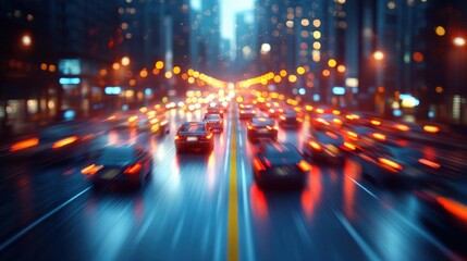 Blurred City Traffic at Night with Rain and Glowing Lights