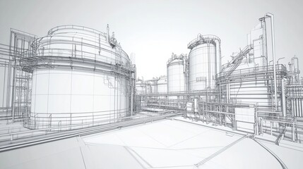 3D wireframe rendering of an oil storage tank for industrial use. 