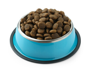 Dry pet food granules in feeding bowl isolated on white