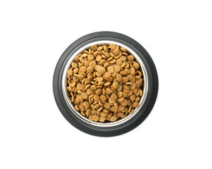 Dry pet food granules in feeding bowl isolated on white, top view