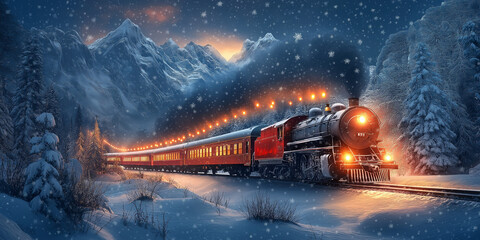 Majestic steam train journey through snowy mountains winter wonderland scenic landscape enchanting night view travel adventure