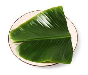 Plate with cut banana leaf isolated on white, top view. Healthy eco serving