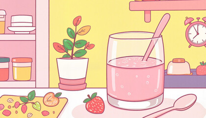 Colorful fruit smoothie on kitchen counter with sunlight, healthy lifestyle