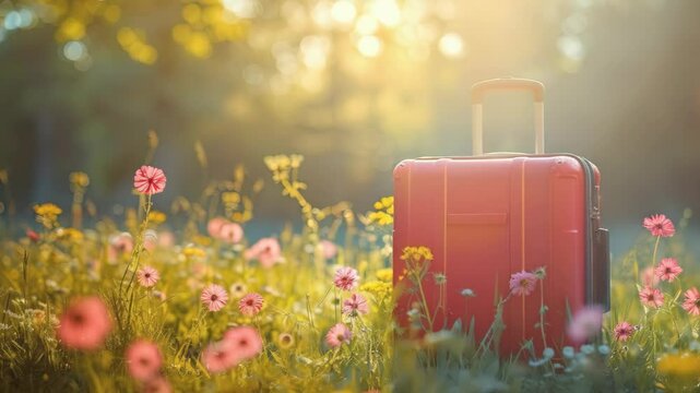 video of modern suitcase on the flowering background. concept of spring holidays