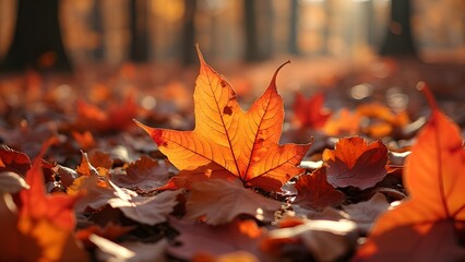 Vibrant Autumn Leaves, Sunlit Forest Floor with Red, Orange, and Gold Foliage