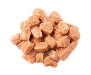 Pieces of wet pet food isolated on white, top view