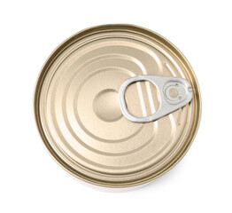 Pet food in tin can isolated on white, top view
