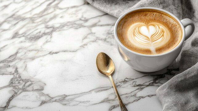 Savor a moment of calm with a beautifully crafted espresso cup on a shiny marble counter, accented by latte art shaped like a heart and accompanied by a golden spoon, inviting relaxation