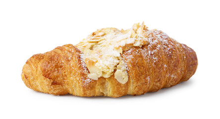 Delicious fresh croissant with almond flakes isolated on white