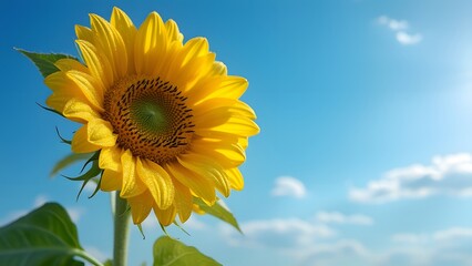 Obraz premium Serene Summer Sunflower, Dew-Kissed Petals Against a Vibrant Blue Sky