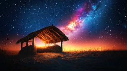 Starry night over a nativity scene.