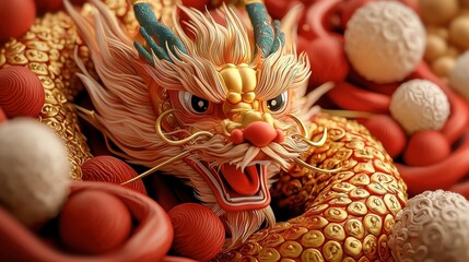 Intricate Golden Dragon Illustration with Vibrant Colors and Details