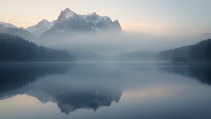 Serene Minimalist Mountain Lake Sunset, Foggy Reflection of Snow-Capped Peaks