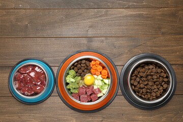 Dry pet food and natural products on wooden table, top view. Space for text