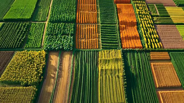 Aerial View of Vibrant Agricultural Fields with Rows of Crops and Patterns in a Patchwork Landscape

