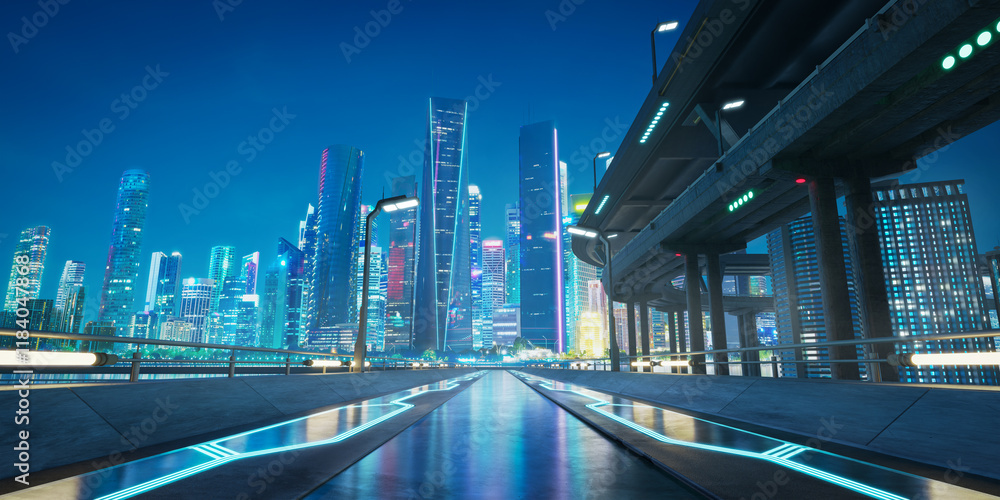 Poster 3d rendering futuristic highway leading to illuminated metropolis at dusk