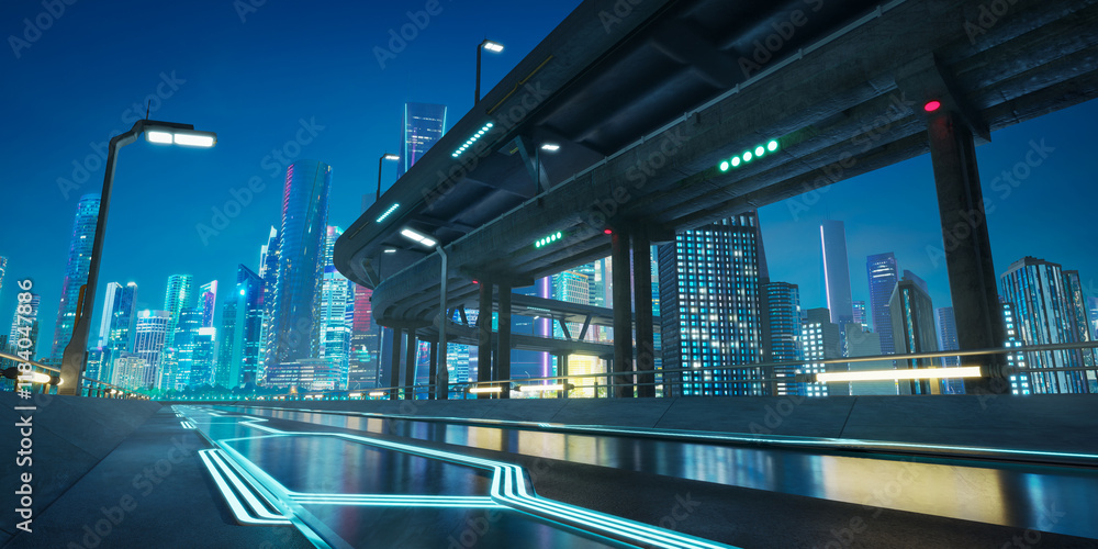 Poster 3d rendering futuristic highway leading into illuminated metropolis at dusk