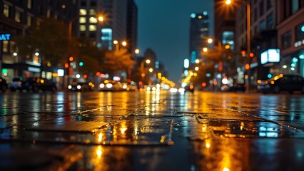 Fototapeta premium Vibrant Yellow City Night, Rain-slicked Streets Reflecting Urban Lights