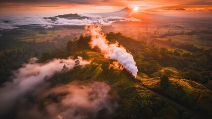 A steam train with billowing smoke and clouds