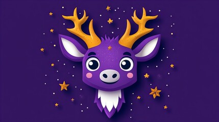 Fototapeta premium Adorable purple deer with golden antlers against a dark purple starry background. Perfect for holiday cards!