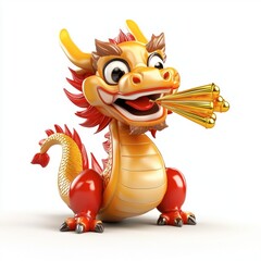 Fototapeta premium Colorful Cartoon Dragon Character Blowing Golden Fireworks