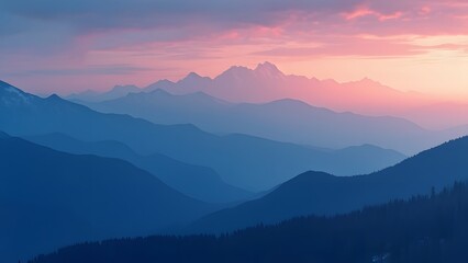 Obraz premium Serene Sunset, Layers of Blue Mountains at Dusk, Breathtaking Travel Inspiration Landscape Photography