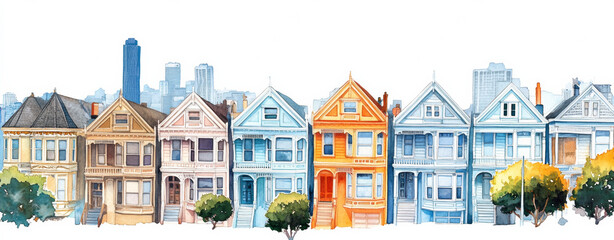 Colorful row of city houses in watercolor style