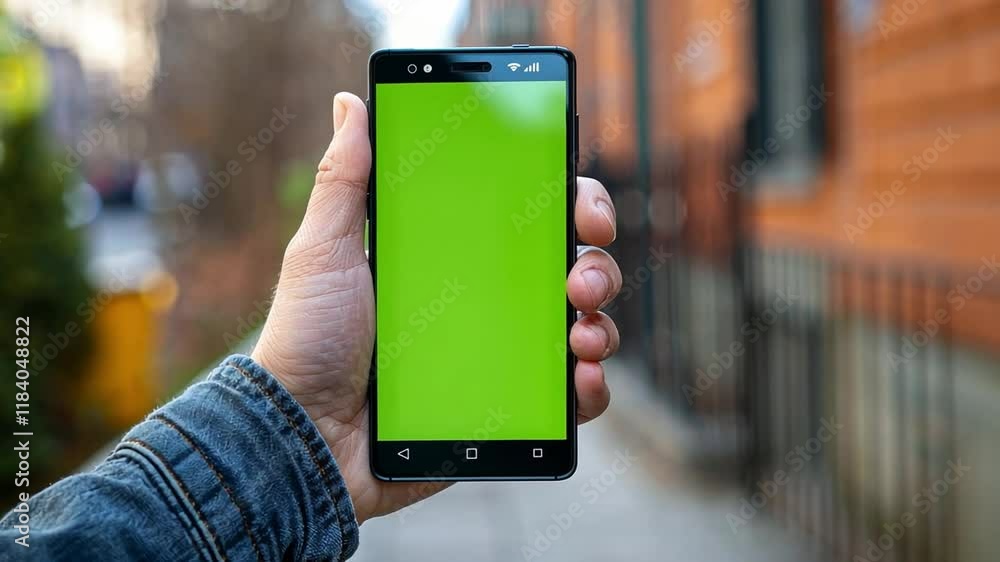 Poster a person holds a smartphone displaying a bright green chromakey screen. the urban backdrop features 