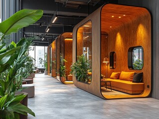 Modern office pods for focused work, city view background