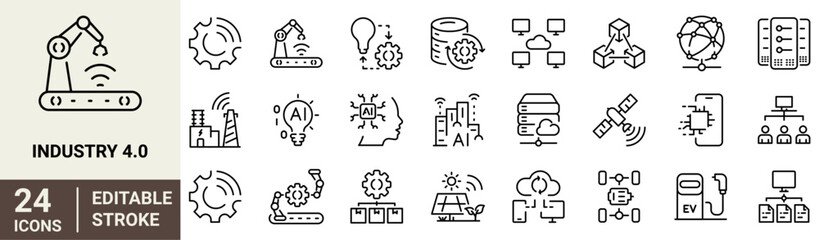 Industry 4.0 web line icons. industrial revolution, smart factory, digital transformation, smart machine, automation and technology.