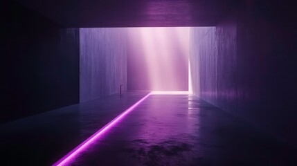 Purple neon light illuminates a dark, empty corridor with textured walls and floor.