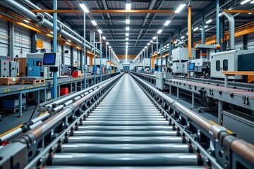 Modern Factory Interior with Long Conveyor Belt System Automated Manufacturing Process Industrial