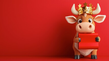 Fototapeta premium Cheerful Cartoon Cow with Crown Holding Red Gift on Red Background