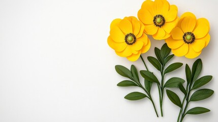 A photostock of an elegant yellow floral border with bright green stems, arranged neatly against a plain white background, perfect for seasonal themes. High Quality