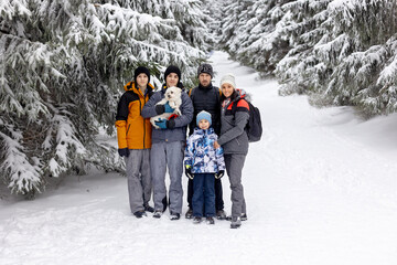 Sweet happy children, brothers, playing in deep snow in forest, frosted trees and beautiful landscape