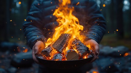 Person holding campfire flames in forest bowl