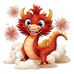 Fototapeta premium Cute Red Dragon Character with Fireworks and Festive Background