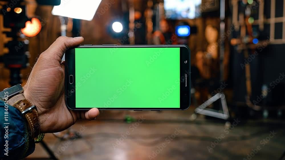 Aufkleber a person holds a smartphone displaying a green screen, ideal for adding effects or graphics. the set