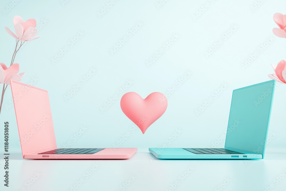 Poster dating online, two glowing laptops face each other in a soft, ambient setting, creating a modern and