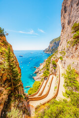 Via Krupp on Capri island in Italy. Faraglioni Rocks, Marina Piccola and Monte Solaro on Capri...