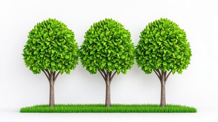 Fototapeta premium A photostock of lush green trees with wide canopies, arranged in a natural composition against a plain white background, symbolizing nature's grandeur. High Quality