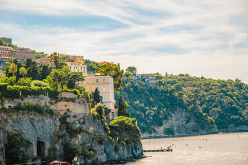 Streets in a touristic town, Sorrento near Amalfi coast, Italy. with a view of Naples and the...