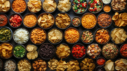 Fototapeta premium vibrant assortment of food dishes and snacks arranged in bowls, showcasing variety of colors and textures. Perfect for gatherings or celebrations