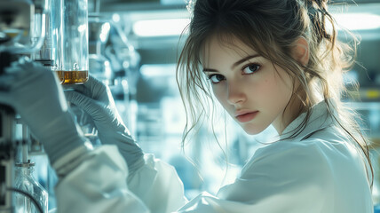 young woman in laboratory, wearing gloves and lab coat, carefully handling glass container. scene conveys sense of focus and scientific inquiry