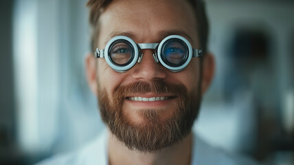 Fototapeta premium Happy male optician wearing eye test glasses, smiling confidently in bright office. His enthusiasm for eye care is evident, creating welcoming atmosphere