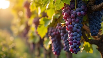 Naklejka premium Lush Concord Grapes Hanging from Vine, Sun-Drenched Vineyard Scene with Bee